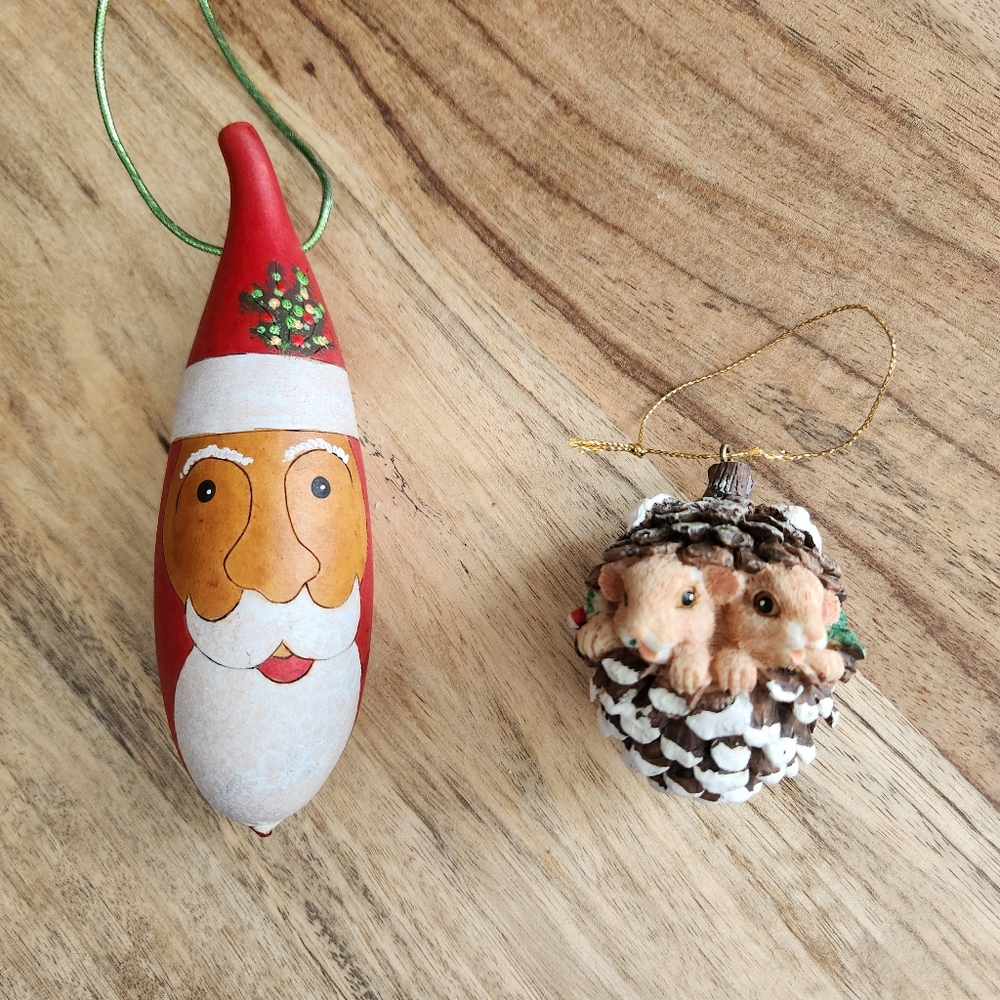 Set of 2 Whimsy Woodland Christmas Tree Ornaments Santa and Baby Mice